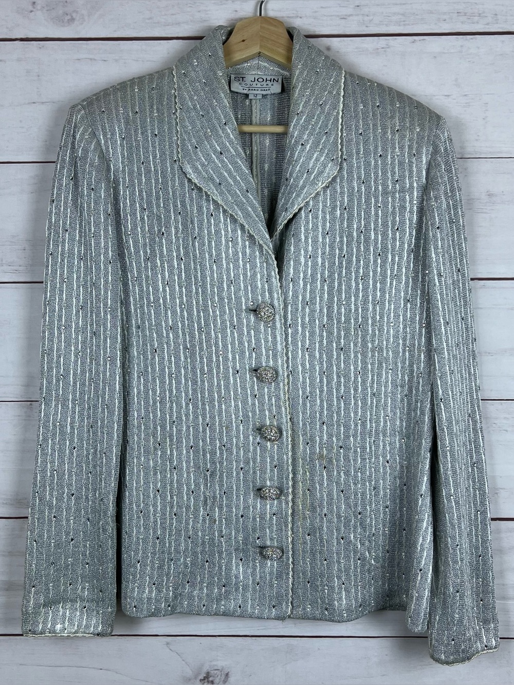 St. John Couture Metallic Silver Rhinestones Knit Blazer Women’s Size 12 Flaws